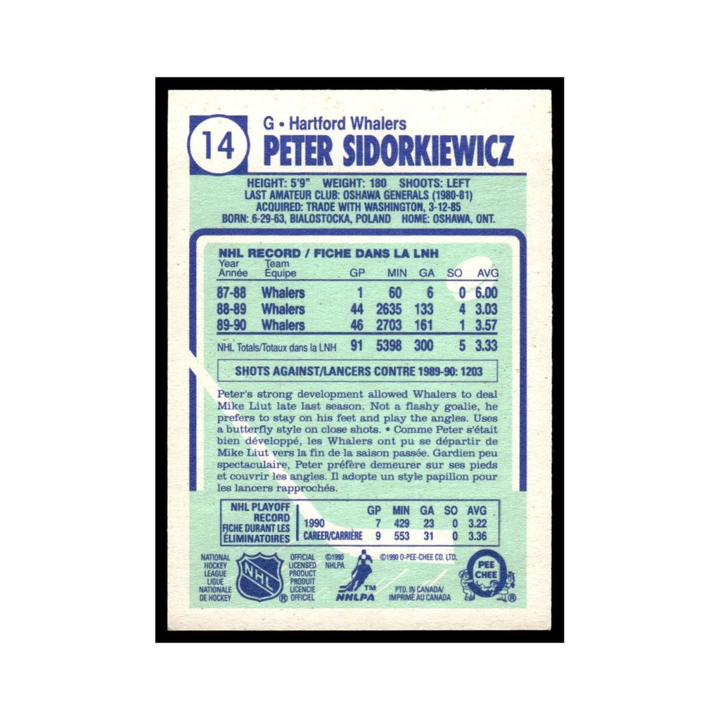 Peter Sidorkiewicz 1990 O-Pee-Chee #14 Hartford Whalers Hockey Card EX