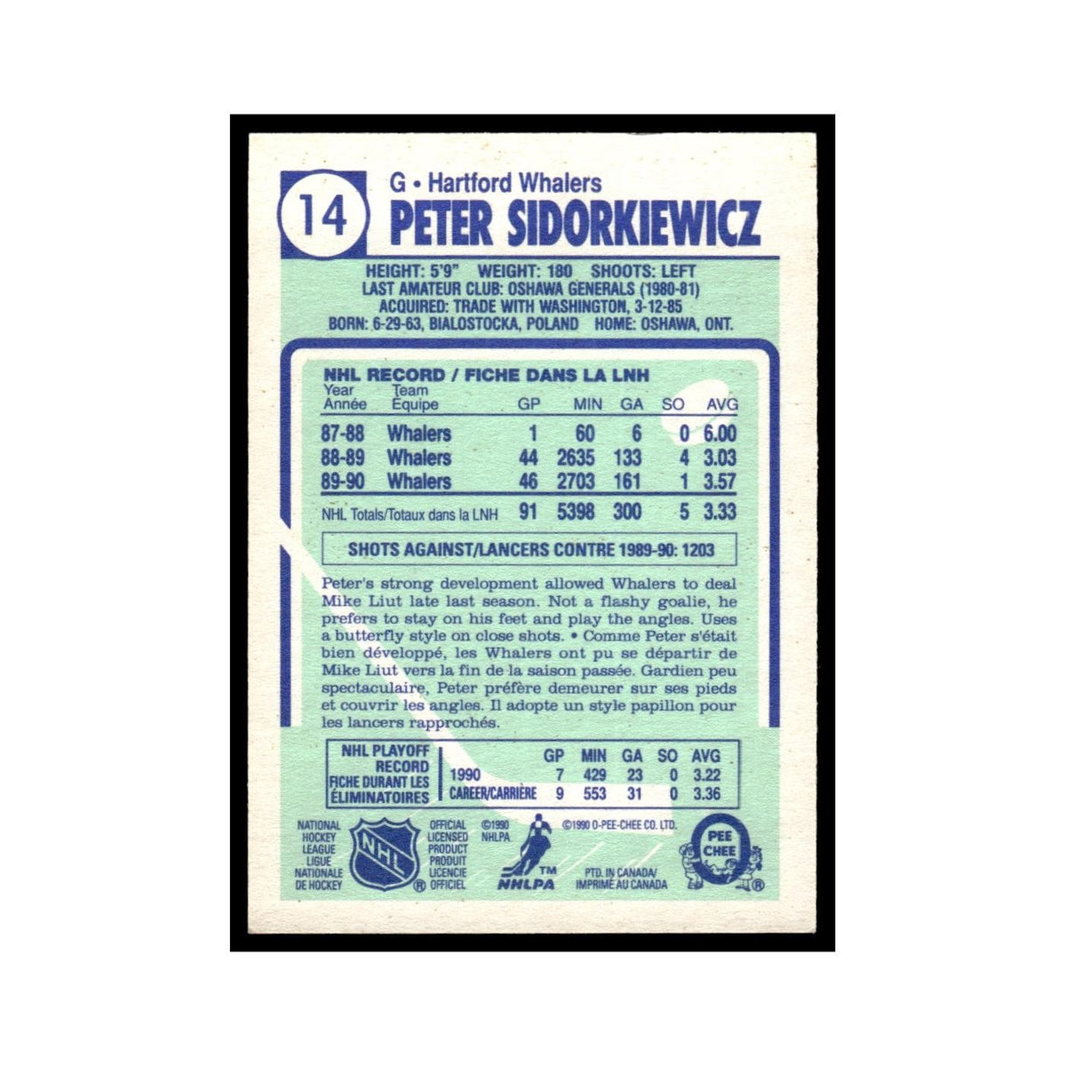 Peter Sidorkiewicz 1990 O-Pee-Chee #14 Hartford Whalers Hockey Card EX