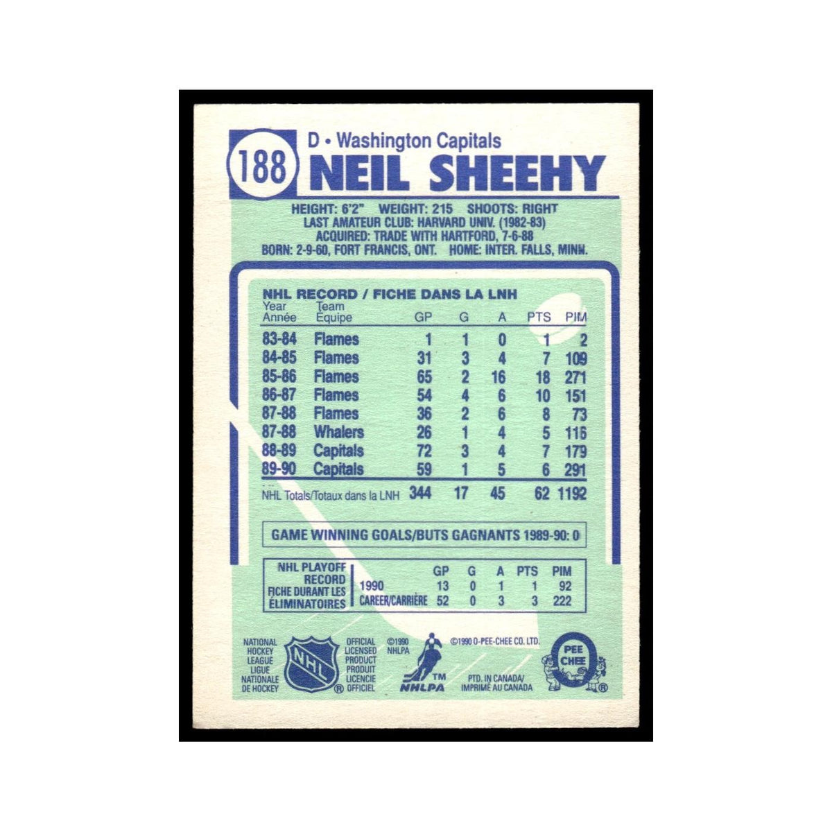 Neil Sheehy 1990 O-Pee-Chee #188 Washington Capitals Hockey Card EX