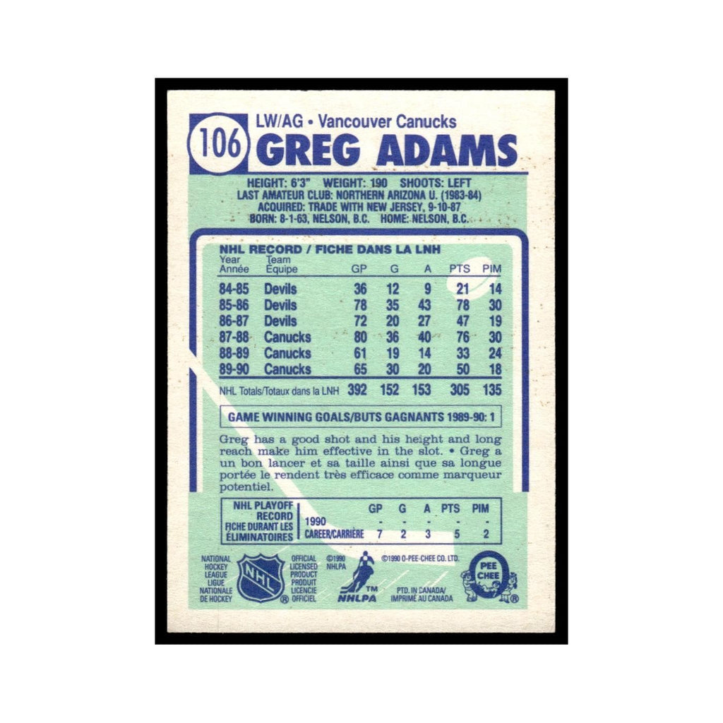 Greg Adams 1990 O-Pee-Chee #106 Vancouver Canucks Hockey Card EX