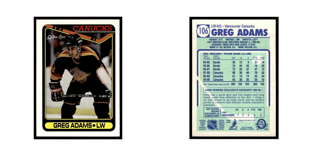 Greg Adams 1990 O-Pee-Chee #106 Vancouver Canucks Hockey Card EX
