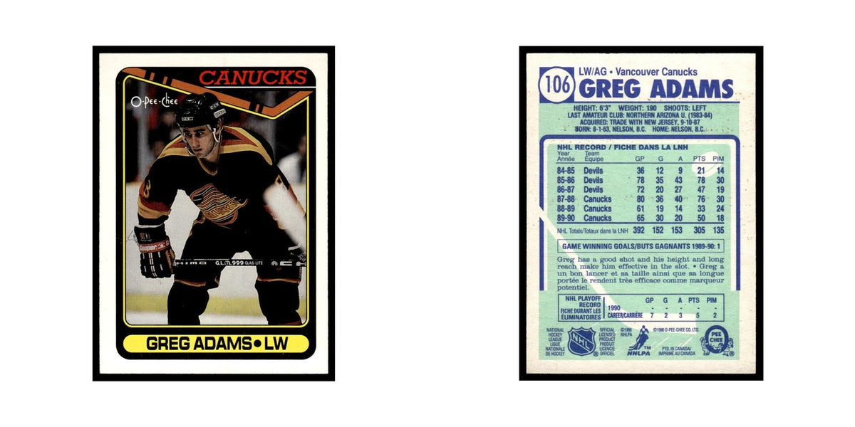 Greg Adams 1990 O-Pee-Chee #106 Vancouver Canucks Hockey Card EX