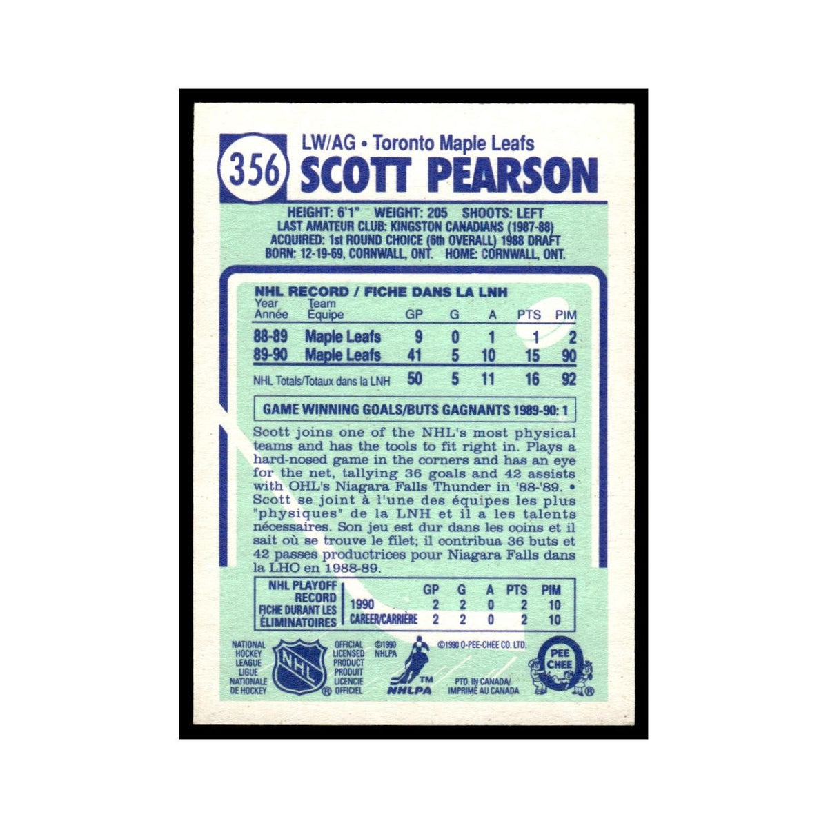Scott Pearson Rookie 1990 O-Pee-Chee #356 Toronto Maple Leafs Hockey Card EX