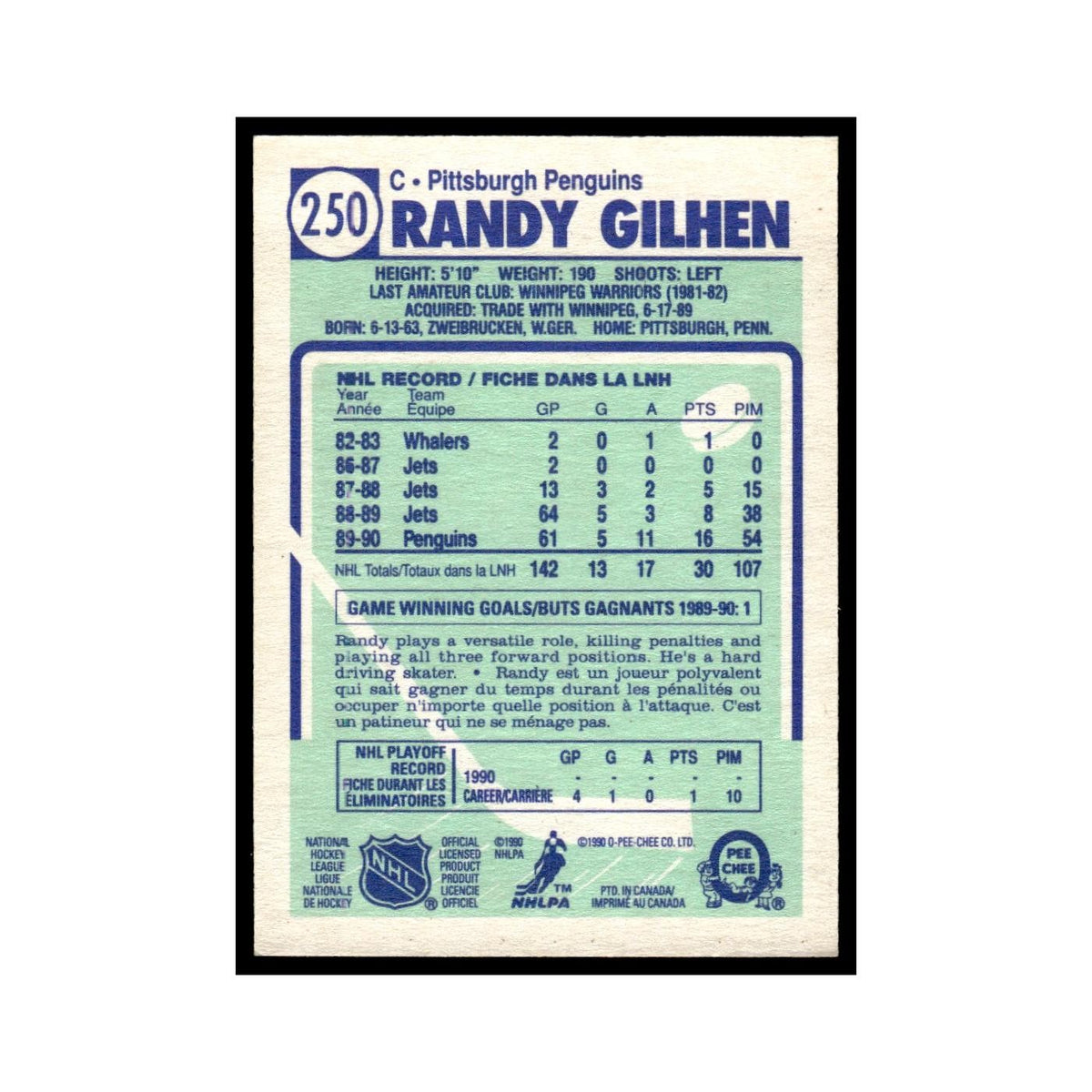 Randy Gilhen Rookie 1990 O-Pee-Chee #250 Pittsburgh Penguins Hockey Card EX