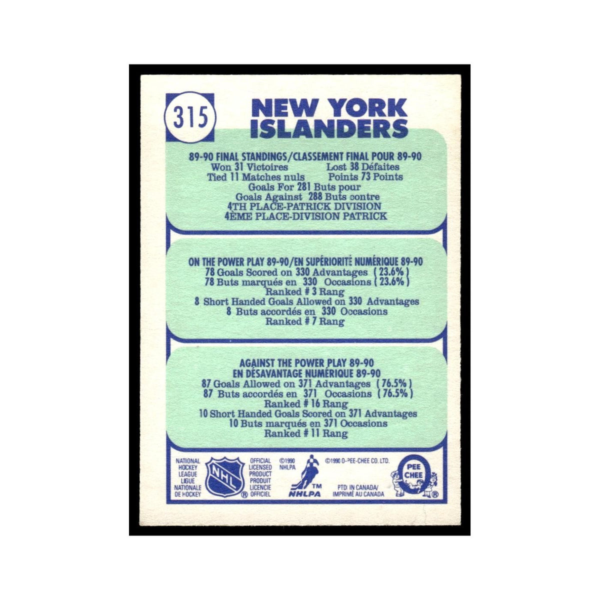 New York Islanders 1990 O-Pee-Chee #315 Hockey Card EX