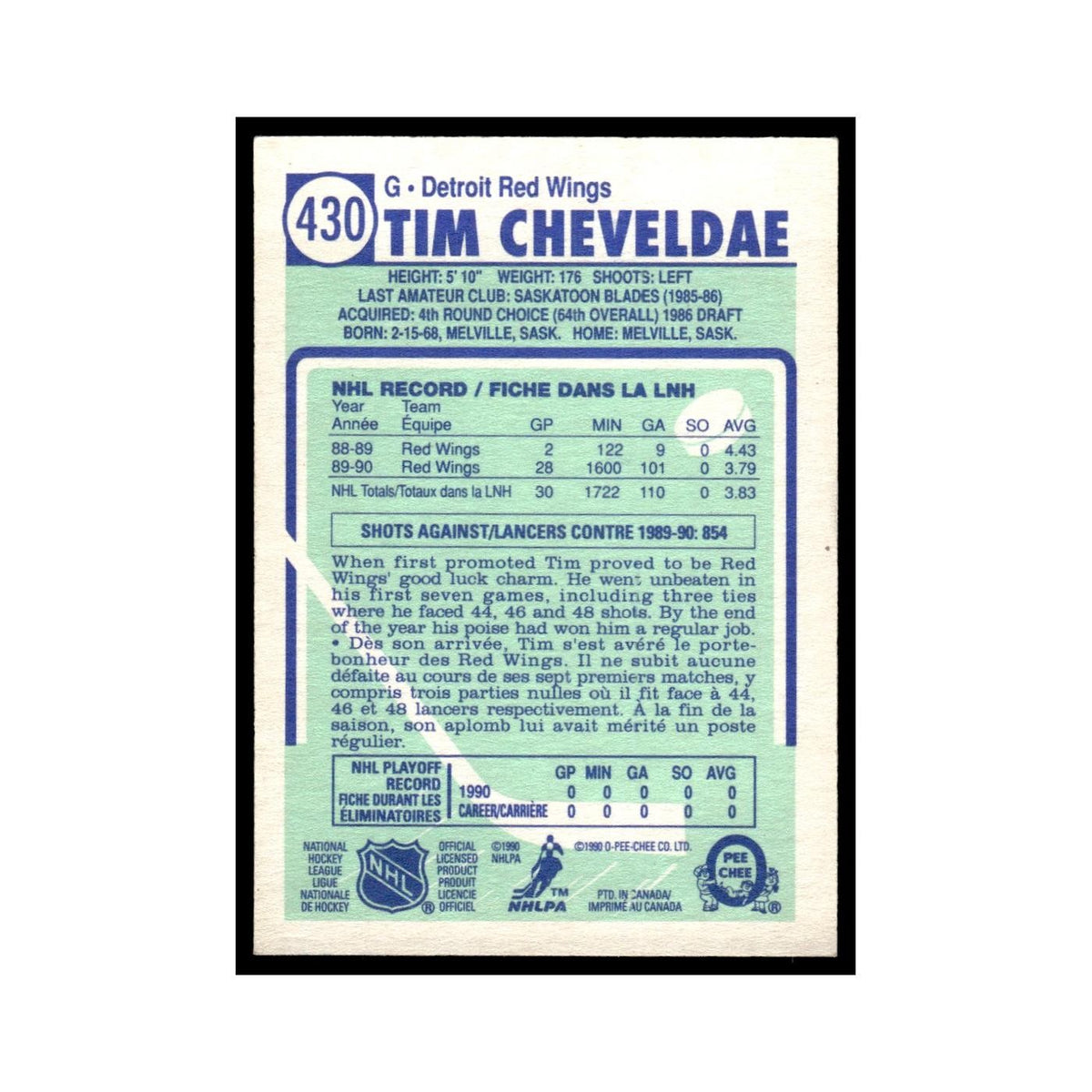 Tim Cheveldae Rookie 1990 O-Pee-Chee #430 Detroit Red Wings Hockey Card EX