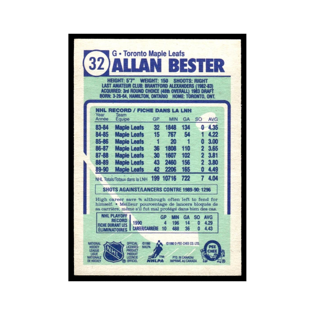Allan Bester 1990 O-Pee-Chee #32 Toronto Maple Leafs Hockey Card EX