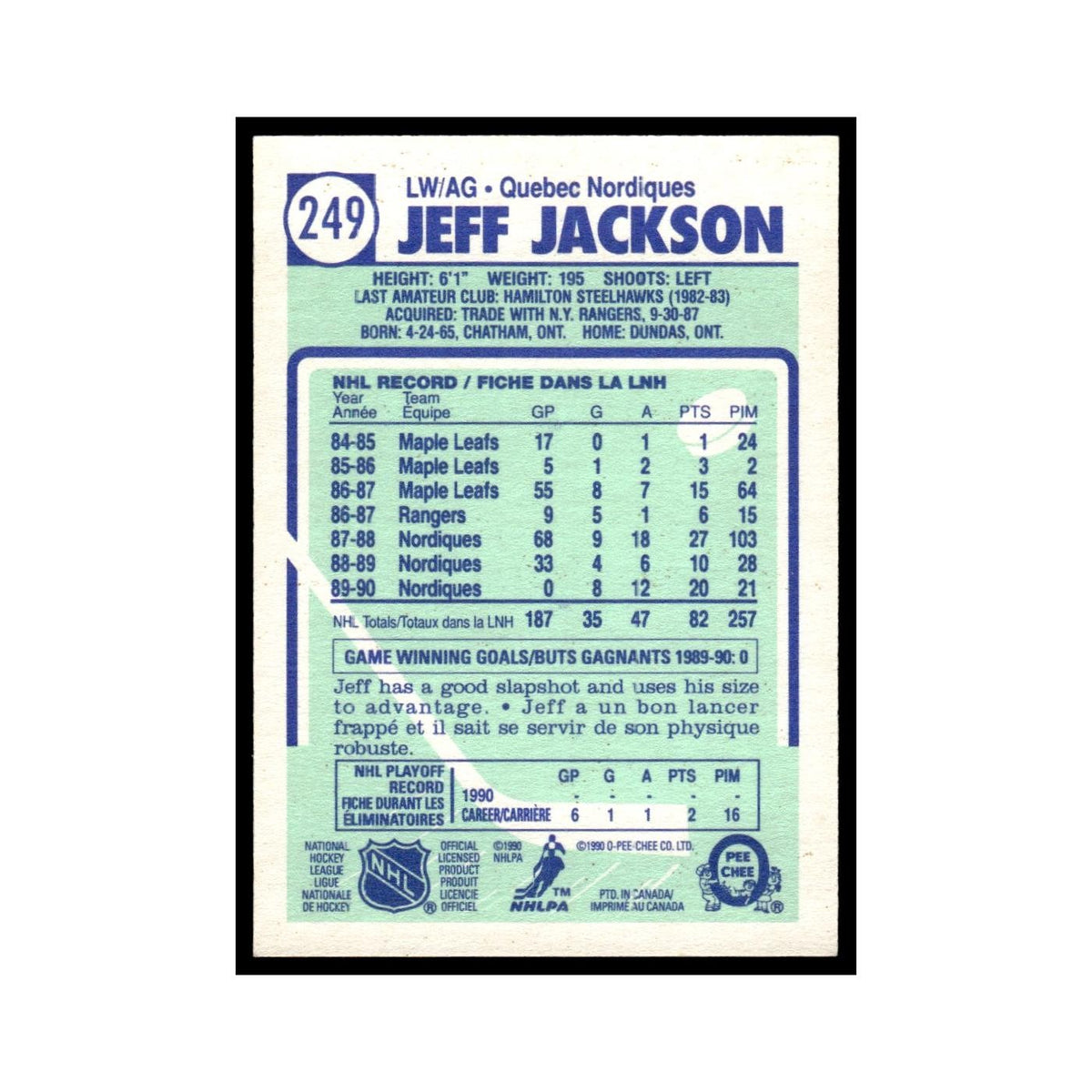 Jeff Jackson 1990 O-Pee-Chee #249 Quebec Nordiques Hockey Card EX