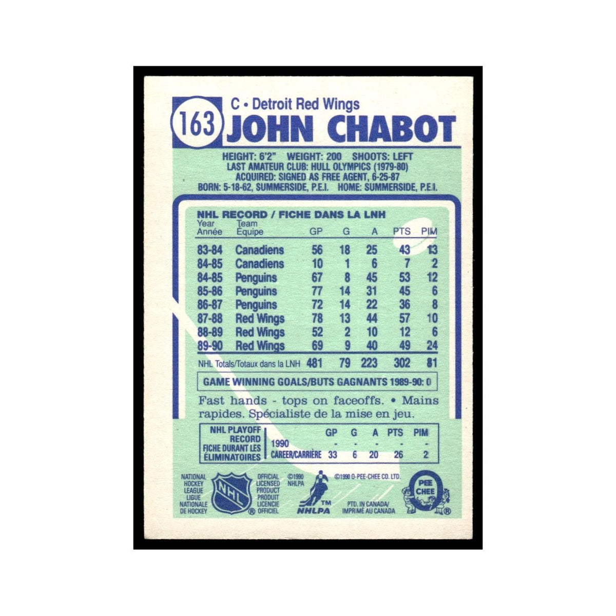 John Chabot 1990 O-Pee-Chee #163 Detroit Red Wings Hockey Card EX