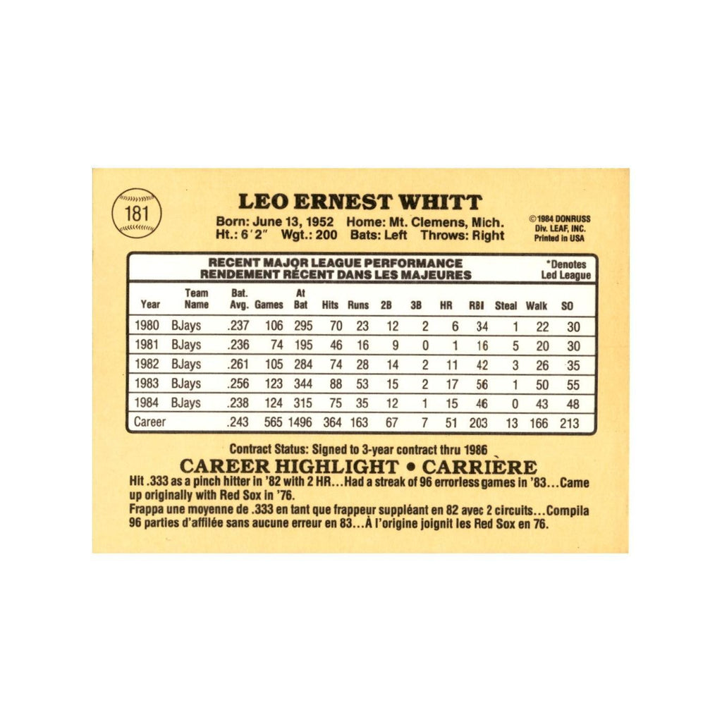 Ernie Whitt 1985 Leaf #181 Toronto Blue Jays Baseball Card NM