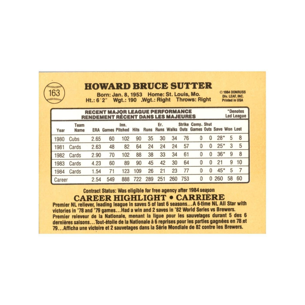 Bruce Sutter 1985 Leaf #163 St. Louis Cardinals Baseball Card NM
