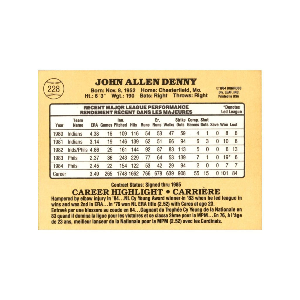 John Denny 1985 Leaf #228 Philadelphia Phillies Baseball Card NM