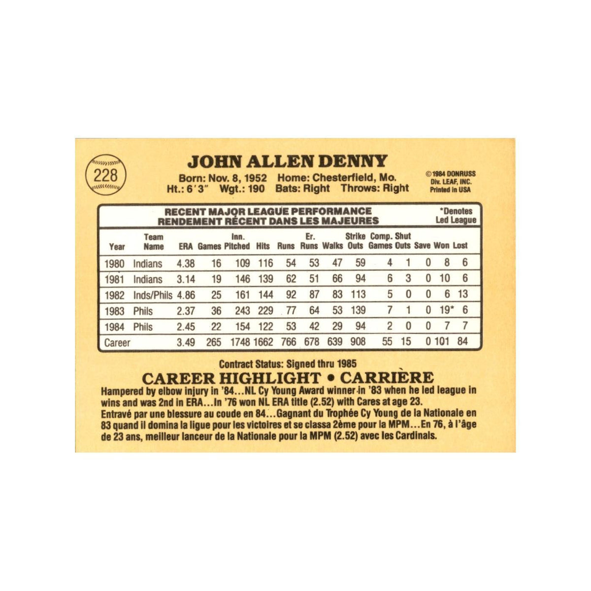 John Denny 1985 Leaf #228 Philadelphia Phillies Baseball Card NM
