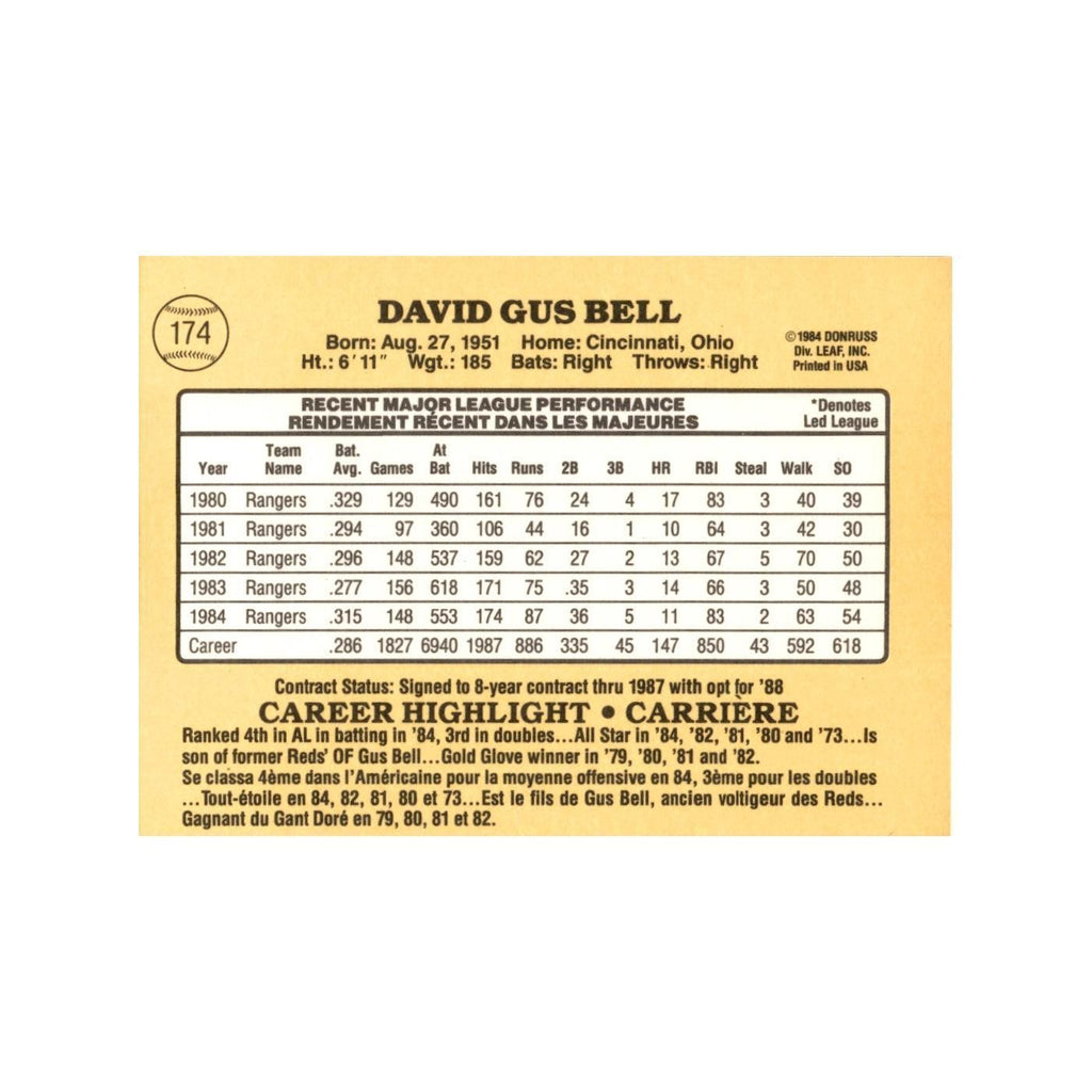 Buddy Bell 1985 Leaf #174 Texas Rangers Baseball Card NM