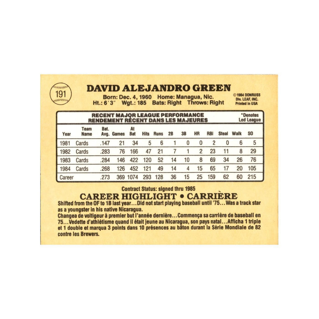 David Green 1985 Leaf #191 St. Louis Cardinals Baseball Card NM