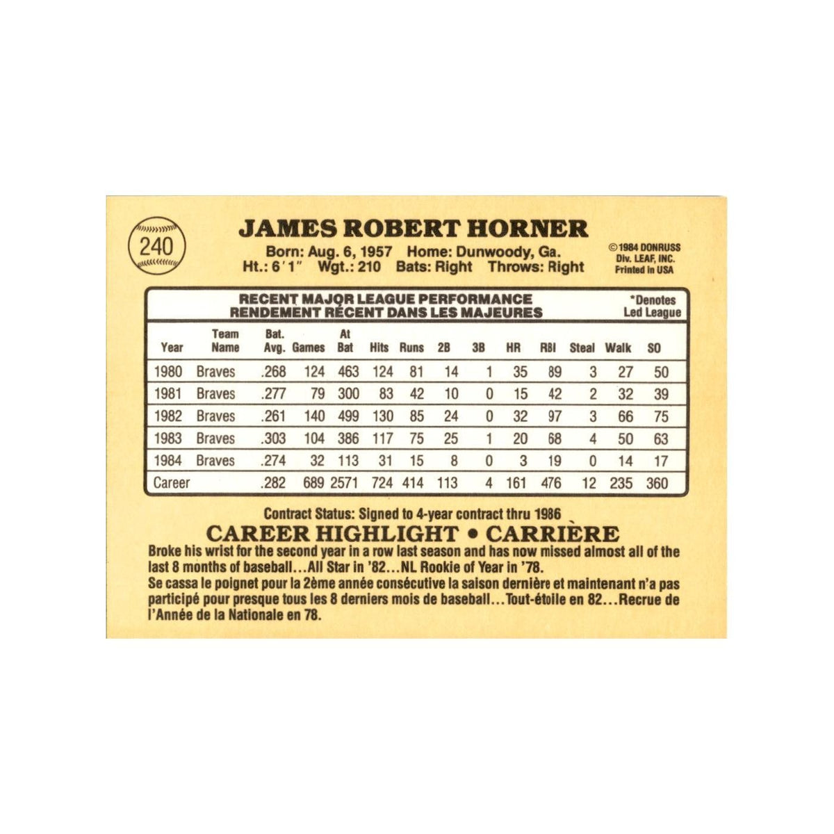Bob Horner 1985 Leaf #240 Atlanta Braves Baseball Card NM