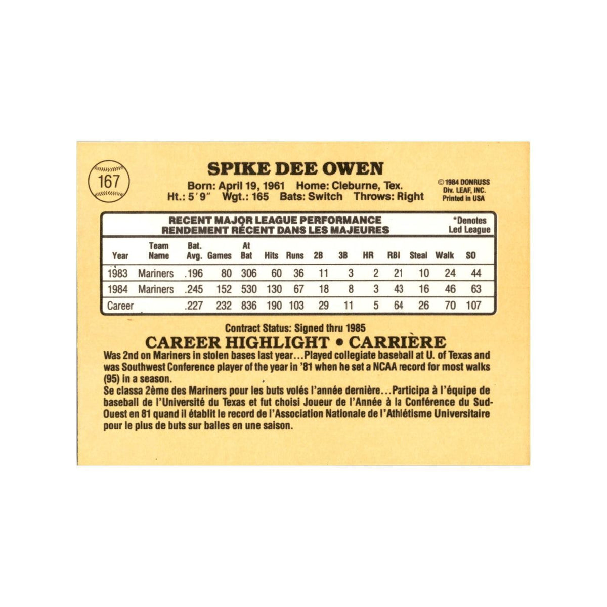 Spike Owen 1985 Leaf #167 Seattle Mariners Baseball Card NM
