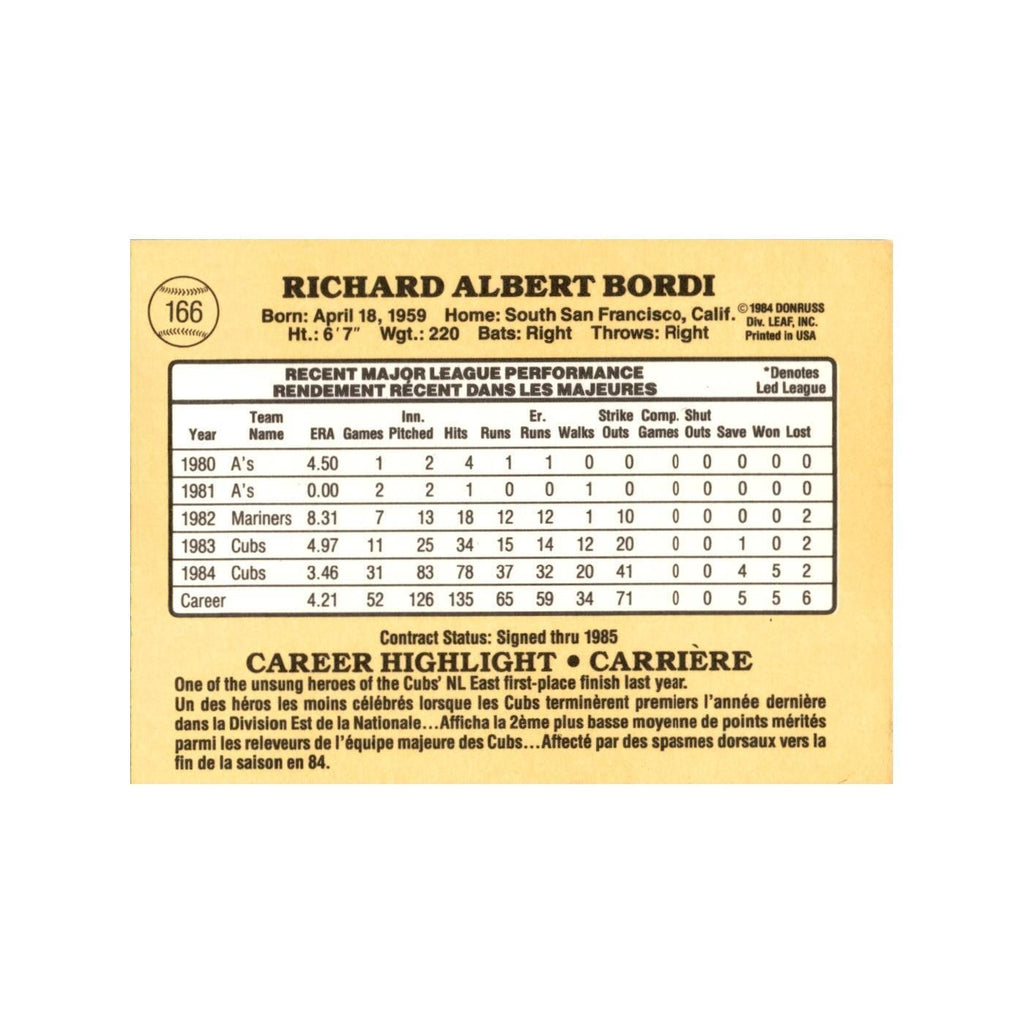 Rich Bordi 1985 Leaf #166 Chicago Cubs Baseball Card NM