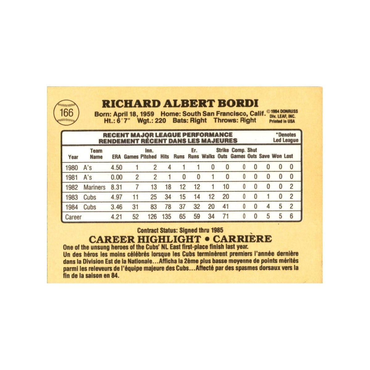 Rich Bordi 1985 Leaf #166 Chicago Cubs Baseball Card NM
