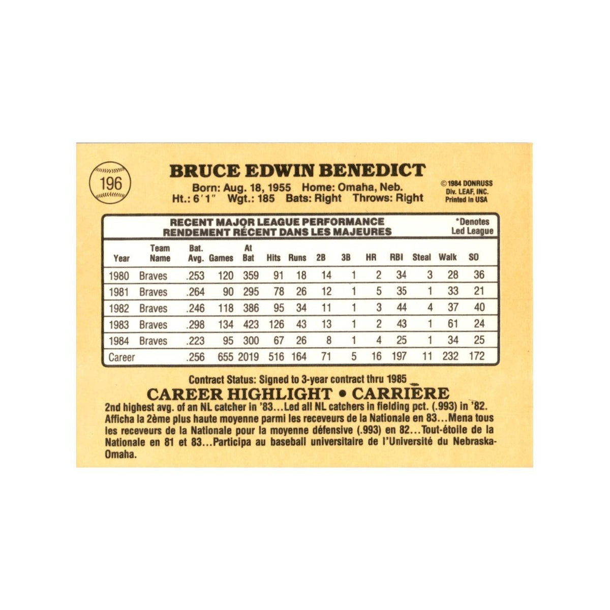 Bruce Benedict 1985 Leaf #196 Atlanta Braves Baseball Card NM