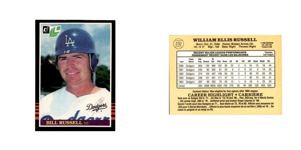 Bill Russell 1985 Leaf #232 Los Angeles Dodgers Baseball Card NM