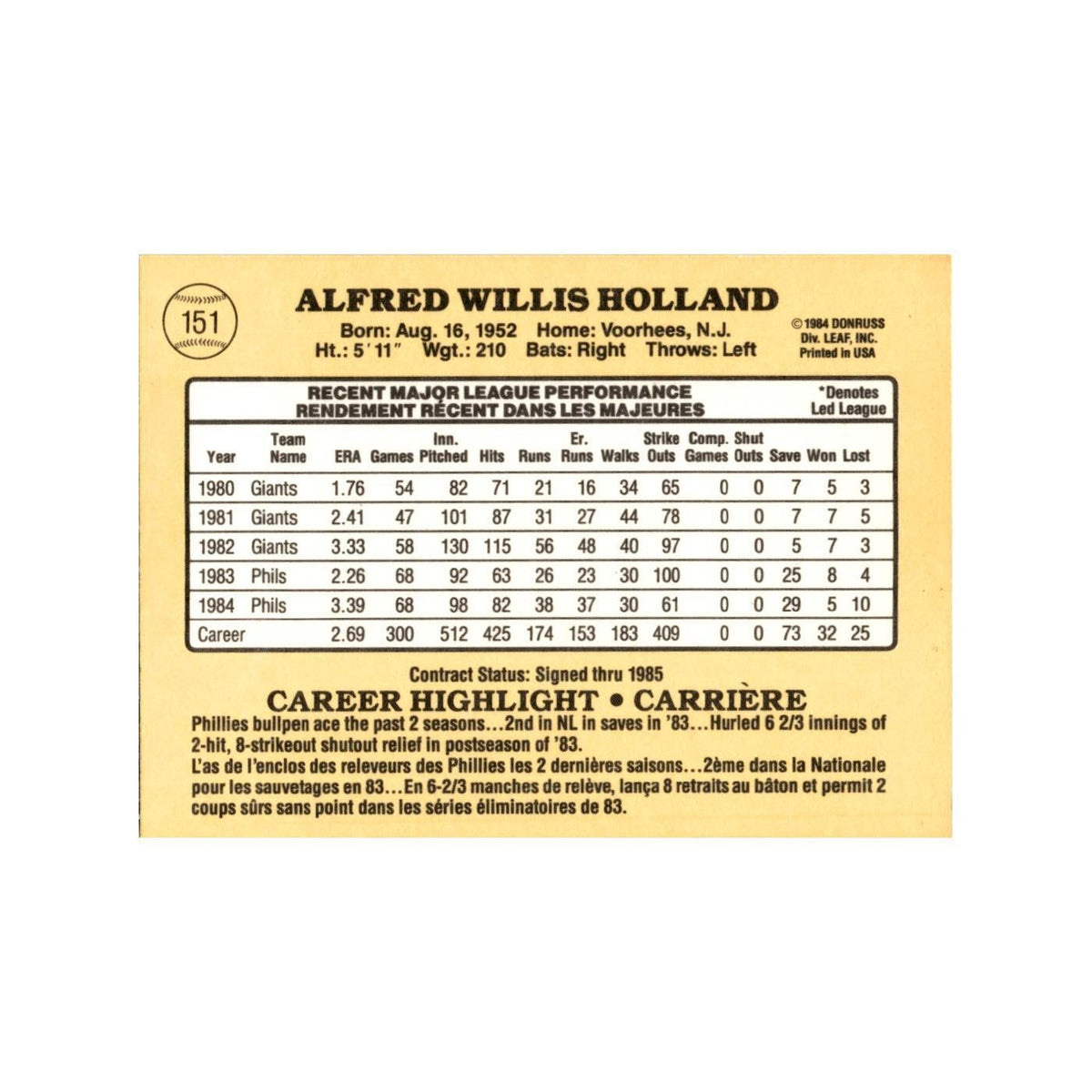 Al Holland 1985 Leaf #151 Philadelphia Phillies Baseball Card NM