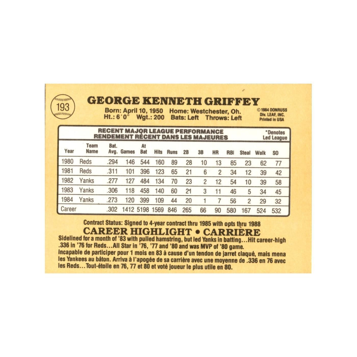 Ken Griffey Sr. 1985 Leaf #193 New York Yankees Baseball Card NM