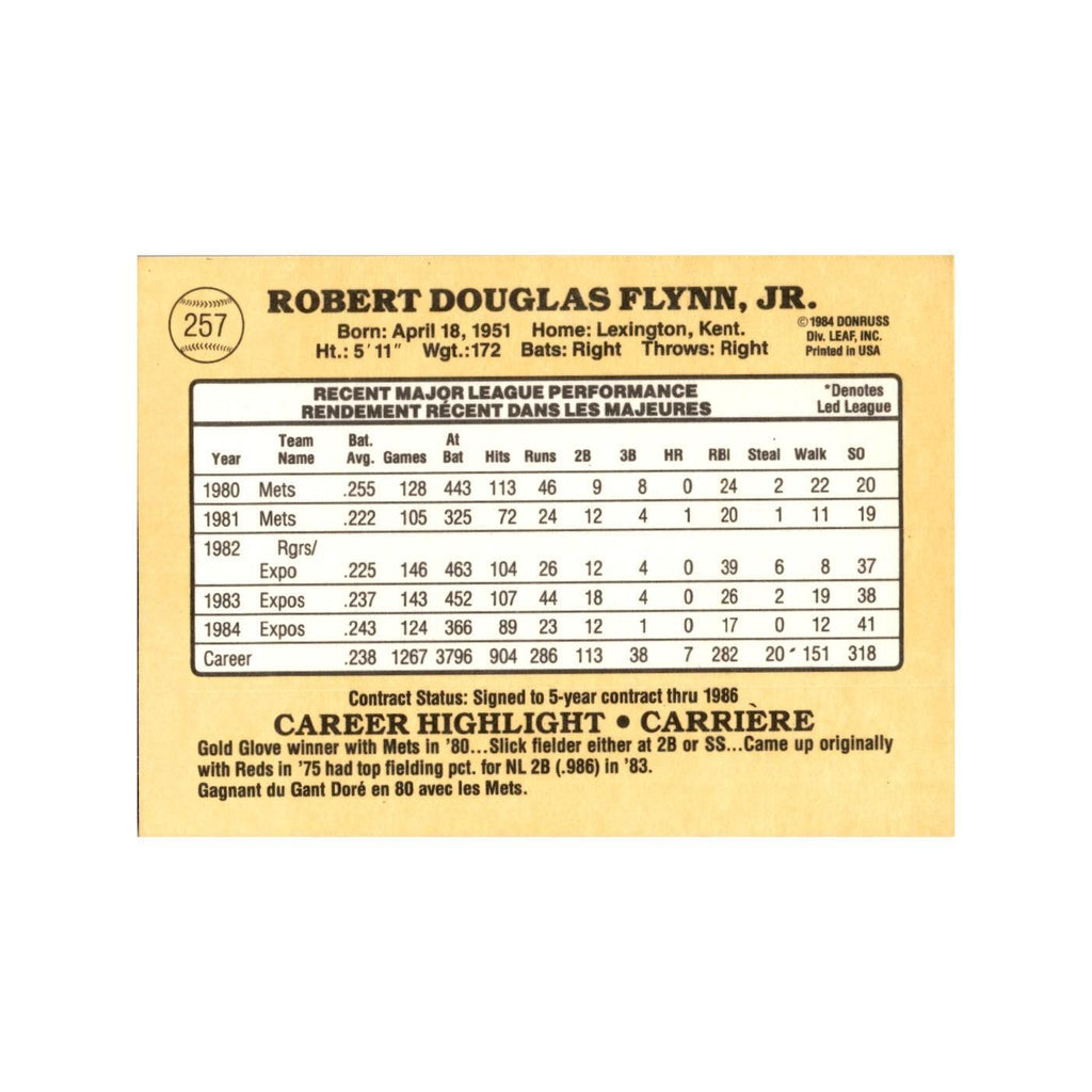 Doug Flynn 1985 Leaf #257 Montreal Expos Baseball Card NM