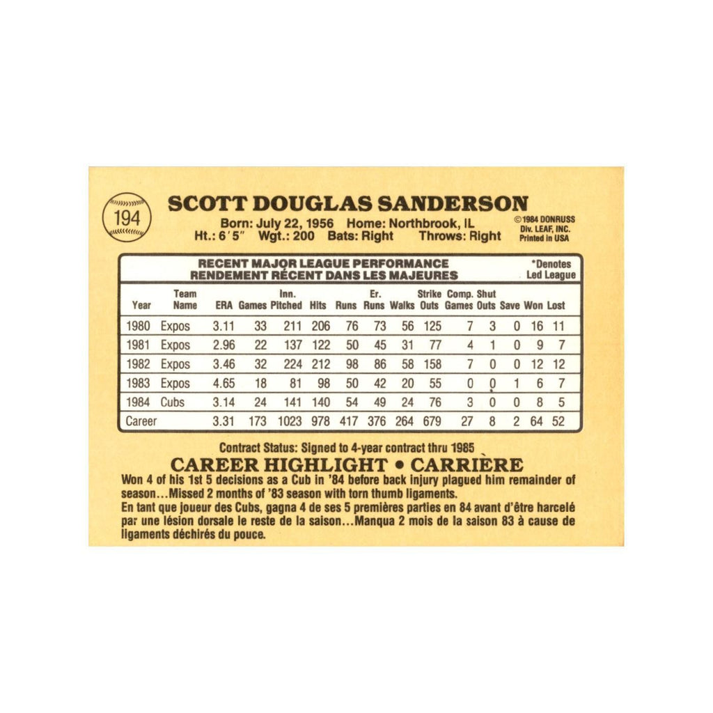 Scott Sanderson 1985 Leaf #194 Chicago Cubs Baseball Card NM