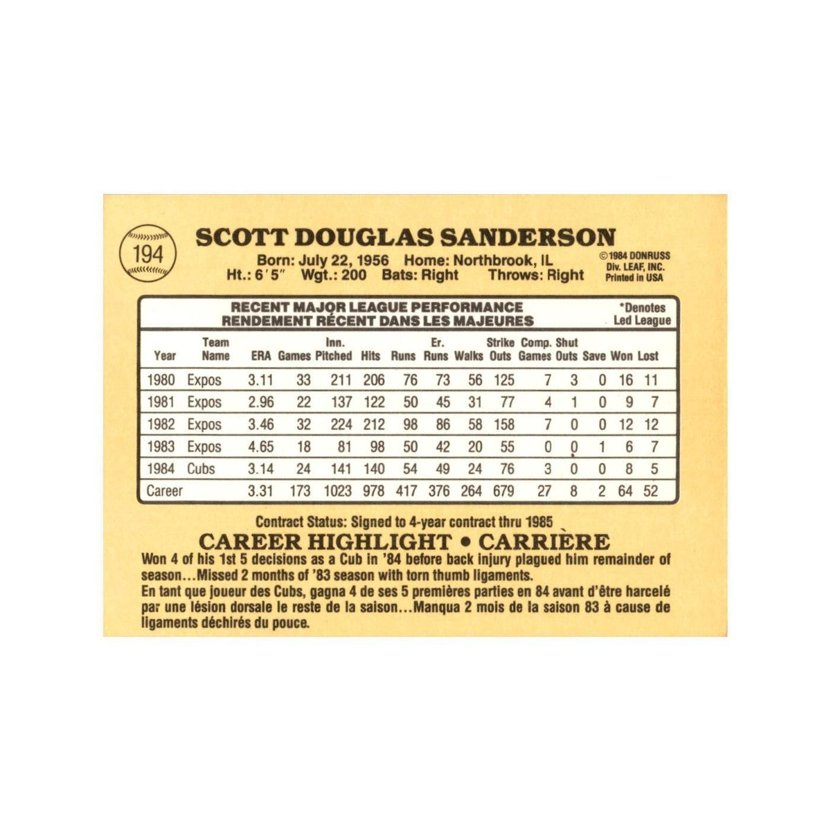 Scott Sanderson 1985 Leaf #194 Chicago Cubs Baseball Card NM