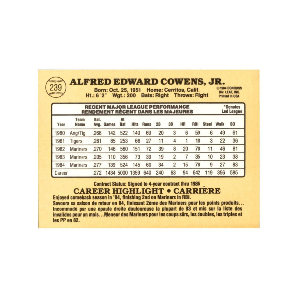 Al Cowens 1985 Leaf #239 Seattle Mariners Baseball Card NM