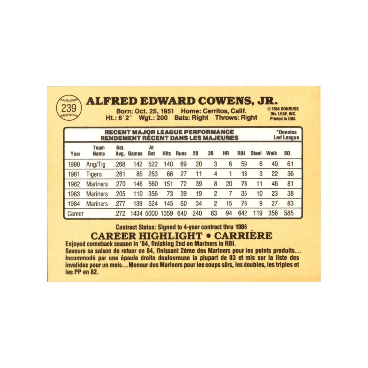 Al Cowens 1985 Leaf #239 Seattle Mariners Baseball Card NM