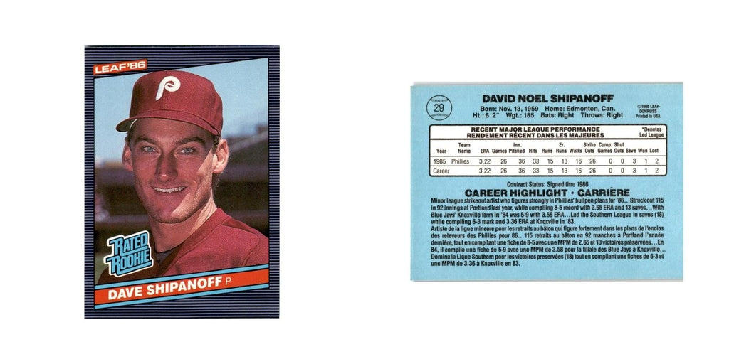 Dave Shipanoff Rookie 1986 Leaf #29 Philadelphia Phillies Baseball Card NM