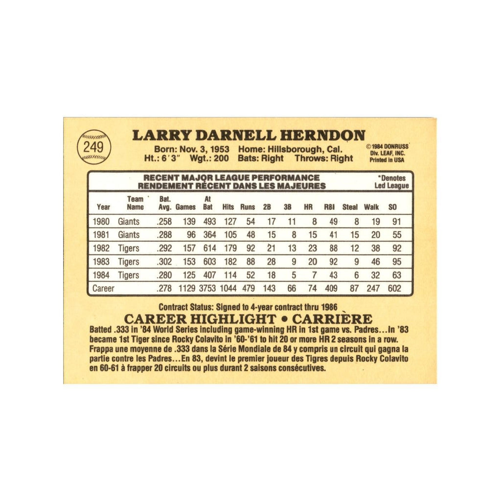Larry Herndon 1985 Leaf #249 Detroit Tigers Baseball Card NM