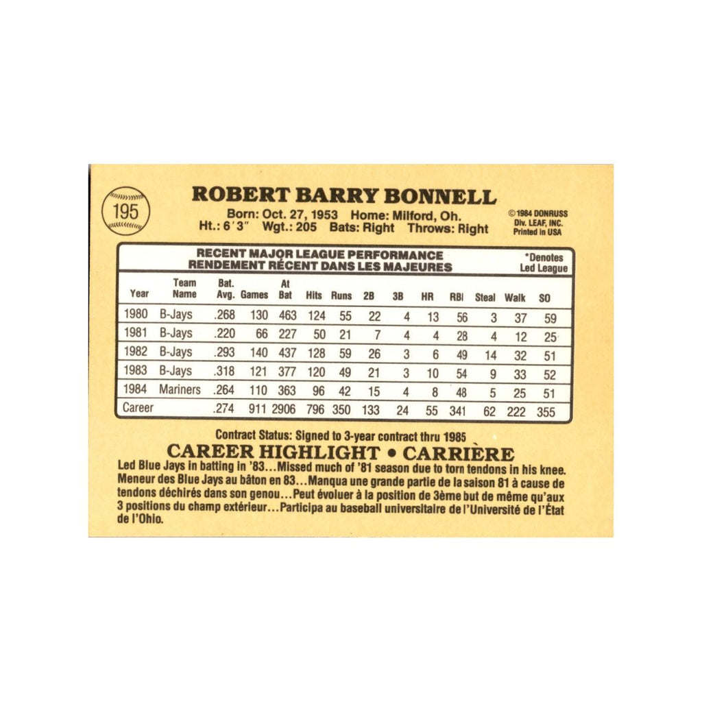 Barry Bonnell 1985 Leaf #195 Seattle Mariners Baseball Card NM