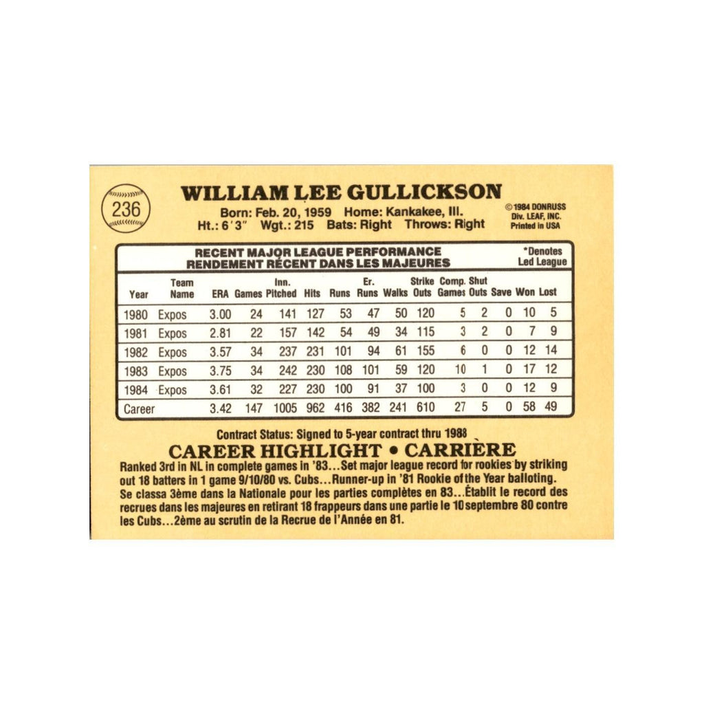 Bill Gullickson 1985 Leaf #20 Montreal Expos Baseball Card NM