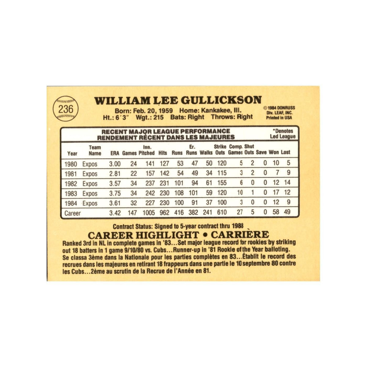 Bill Gullickson 1985 Leaf #20 Montreal Expos Baseball Card NM