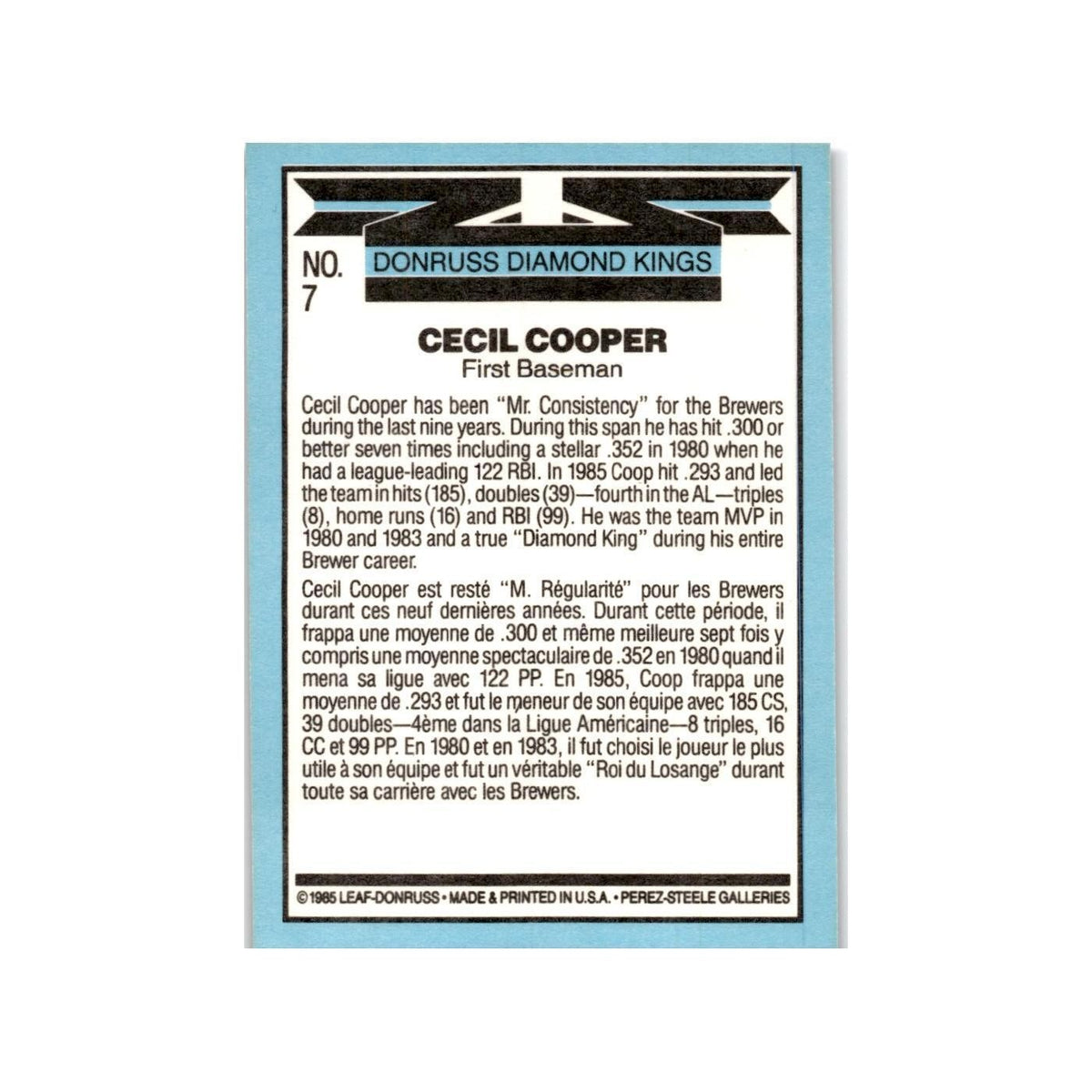 Cecil Cooper 1986 Leaf #7 Milwaukee Brewers Baseball Card NM