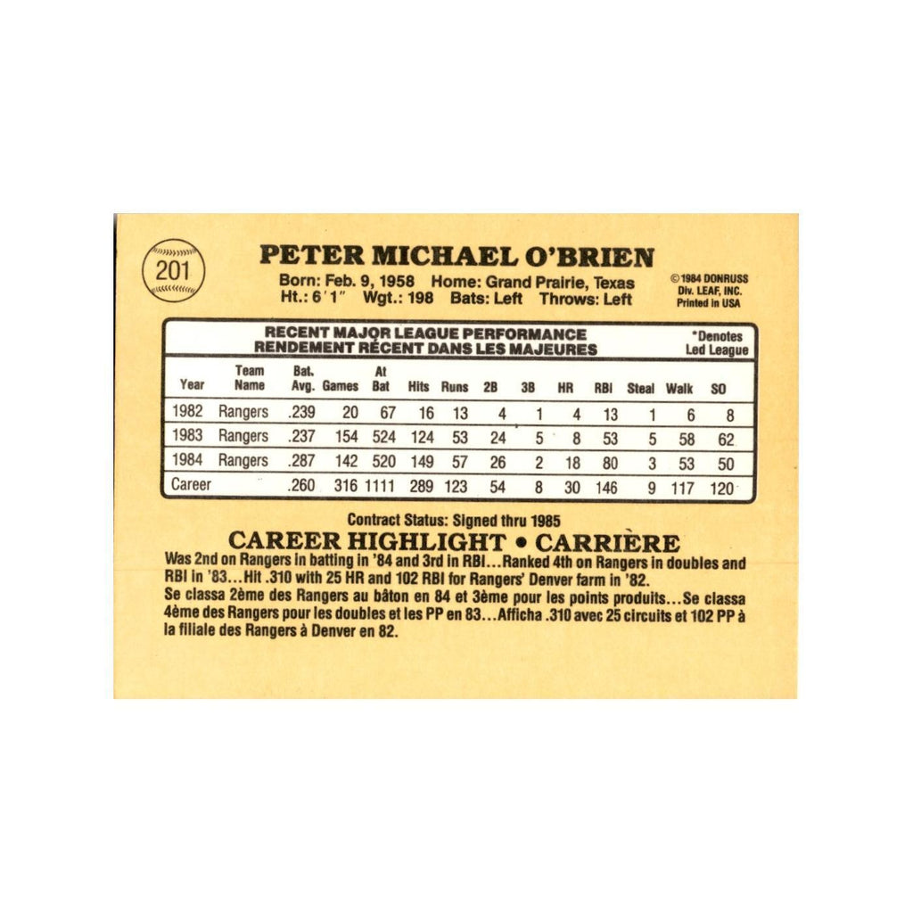 Pete O'Brien 1985 Leaf #201 Texas Rangers Baseball Card NM