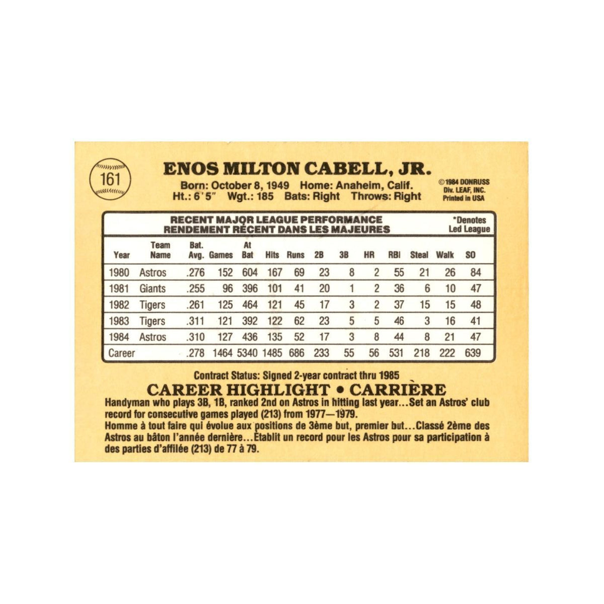 Enos Cabell 1985 Leaf #161 Houston Astros Baseball Card NM