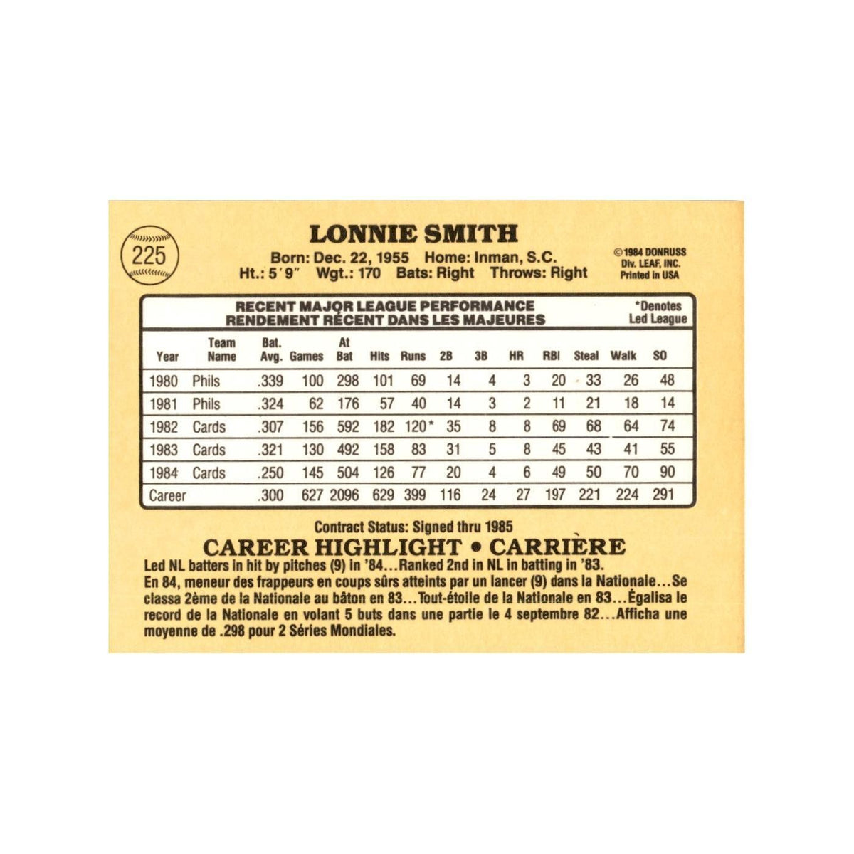 Lonnie Smith 1985 Leaf #225 St. Louis Cardinals Baseball Card NM