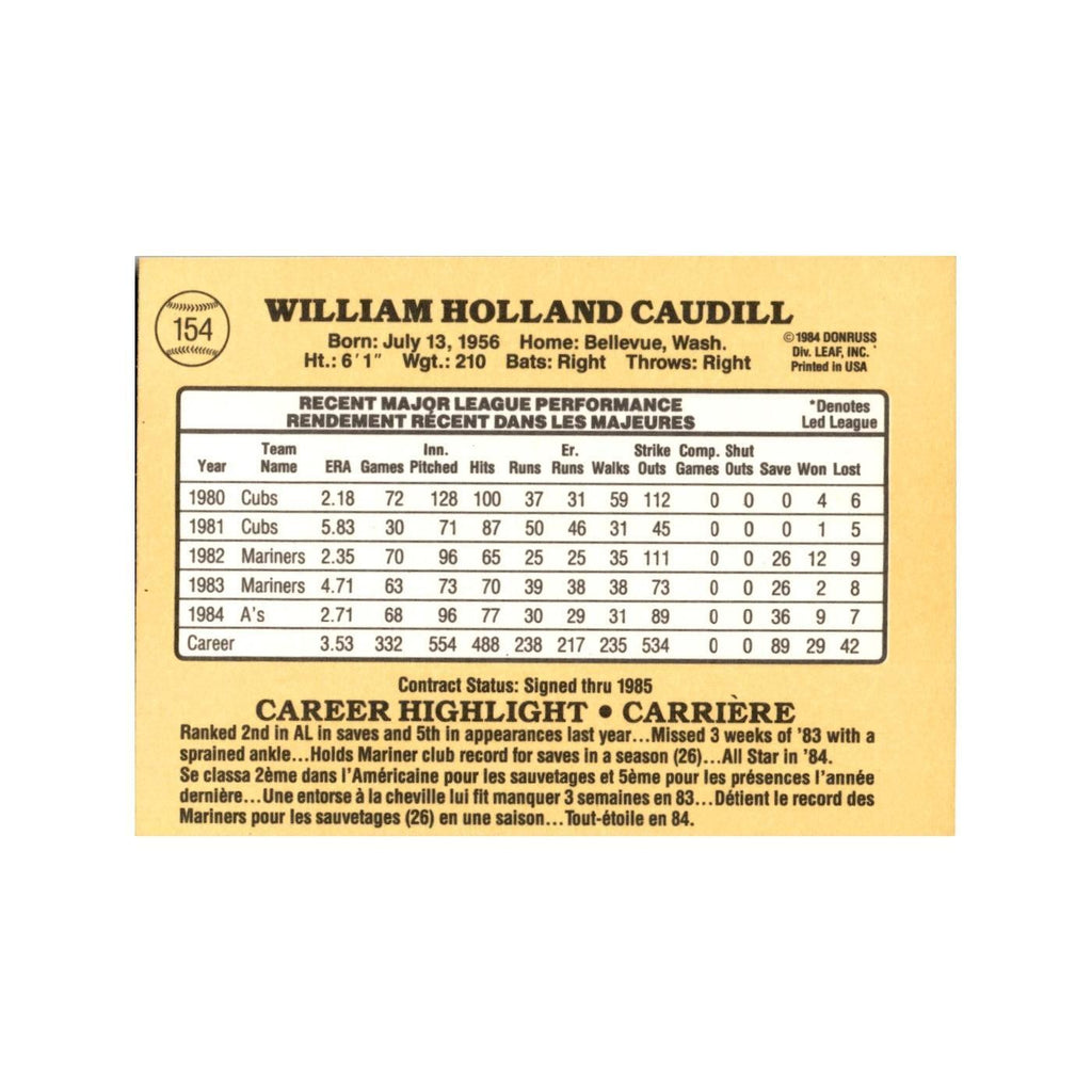 Bill Caudill 1985 Leaf #154 Oakland Athletics Baseball Card NM
