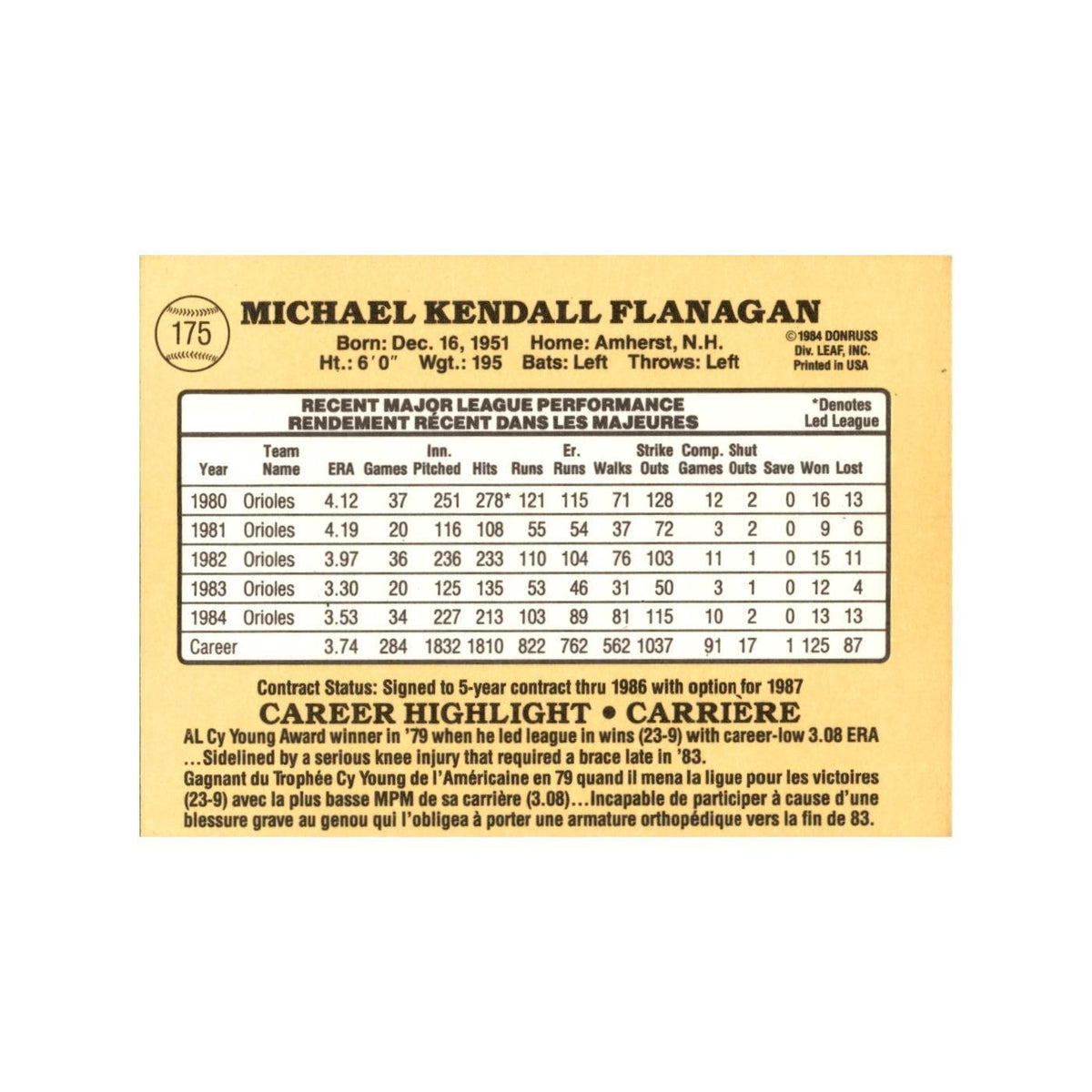 Mike Flanagan 1985 Leaf #175 Baltimore Orioles Baseball Card NM