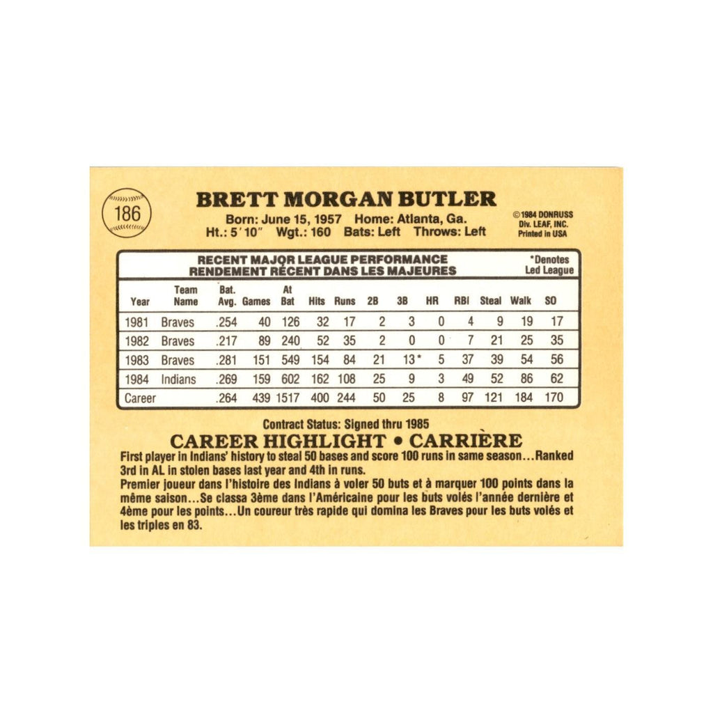 Brett Butler 1985 Leaf #186 Cleveland Indians Baseball Card NM