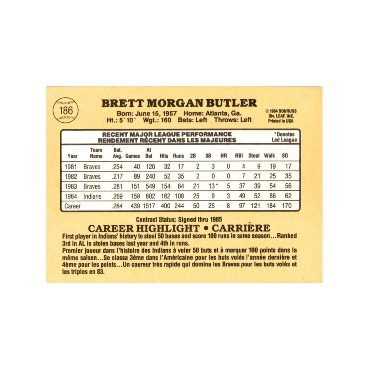Brett Butler 1985 Leaf #186 Cleveland Indians Baseball Card NM