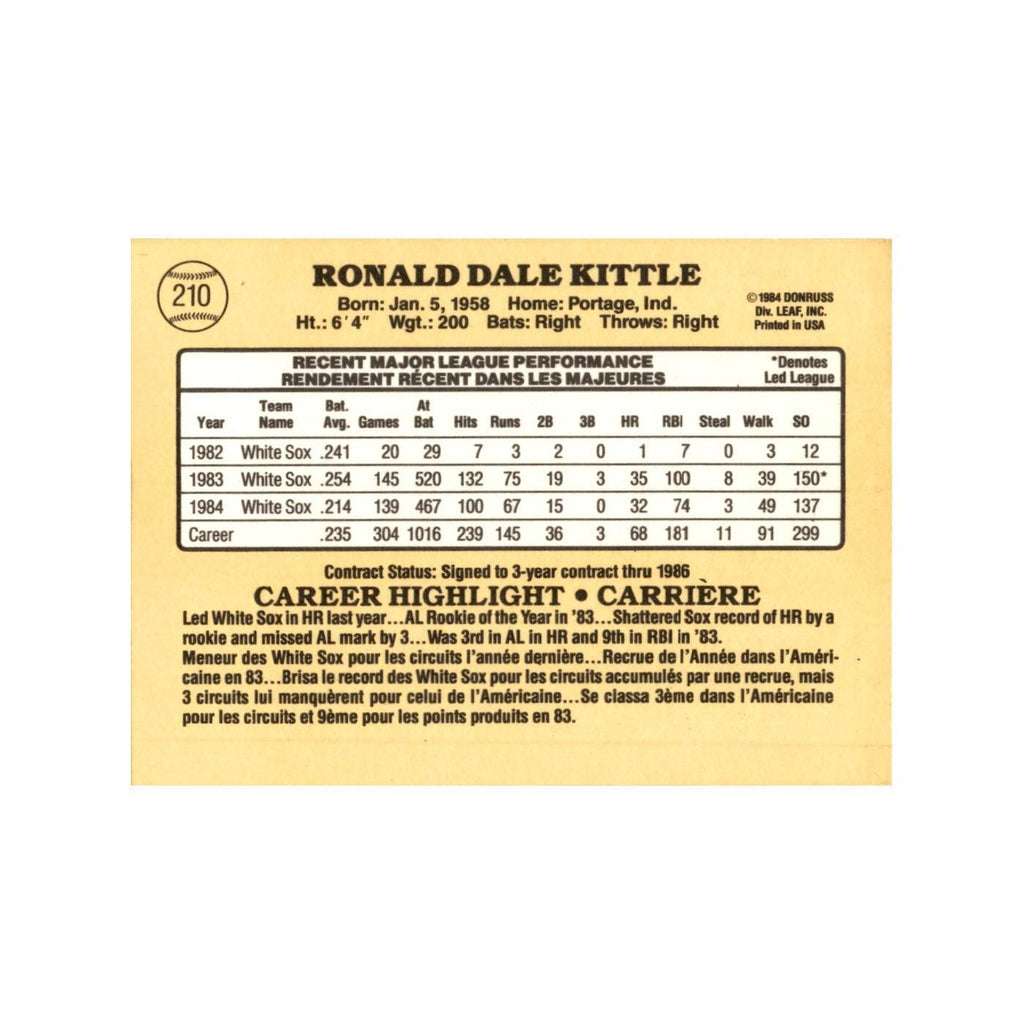 Ron Kittle 1985 Leaf #210 Chicago White Sox Baseball Card NM