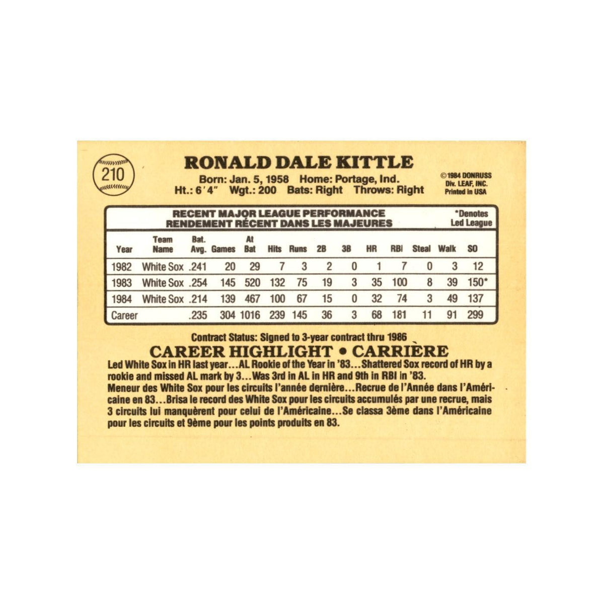Ron Kittle 1985 Leaf #210 Chicago White Sox Baseball Card NM