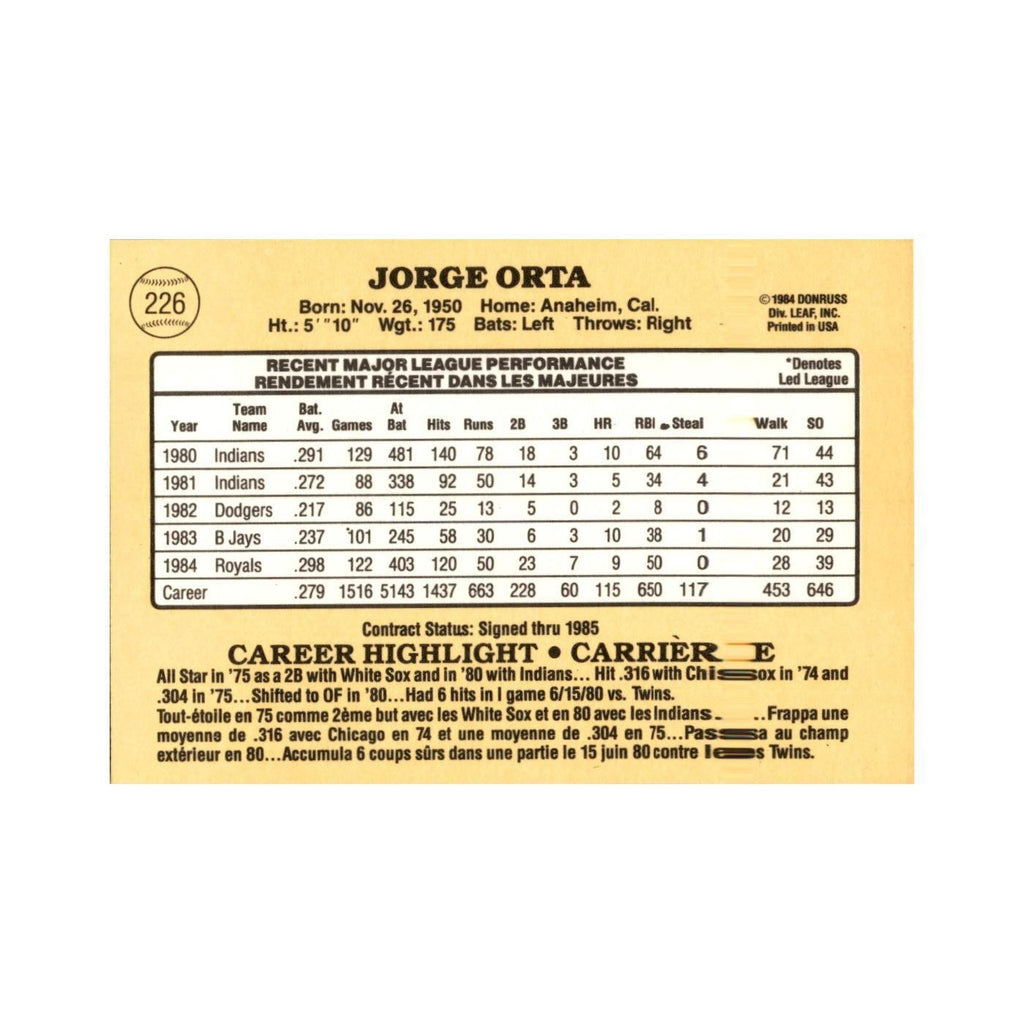 Jorge Orta 1985 Leaf #226 Kansas City Royals Baseball Card NM