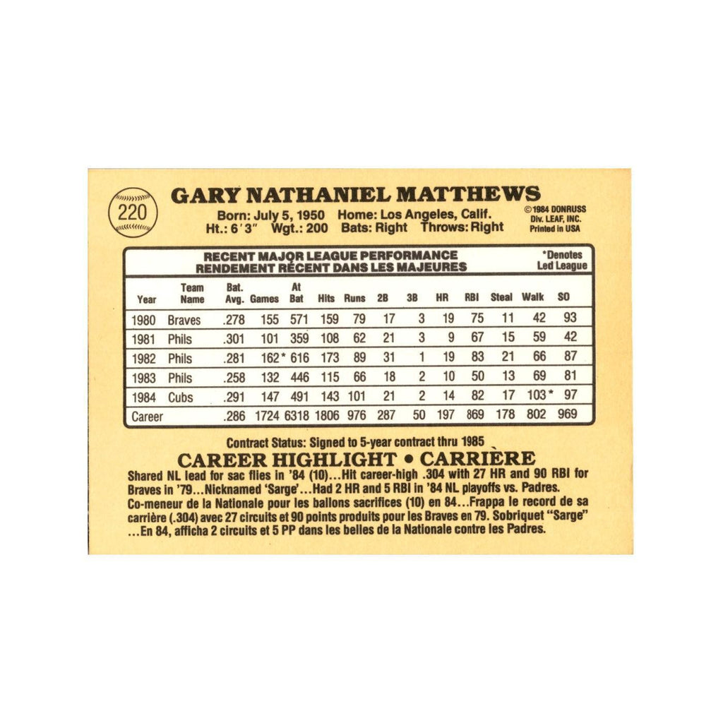 Gary Matthews 1985 Leaf #220 Chicago Cubs Baseball Card NM