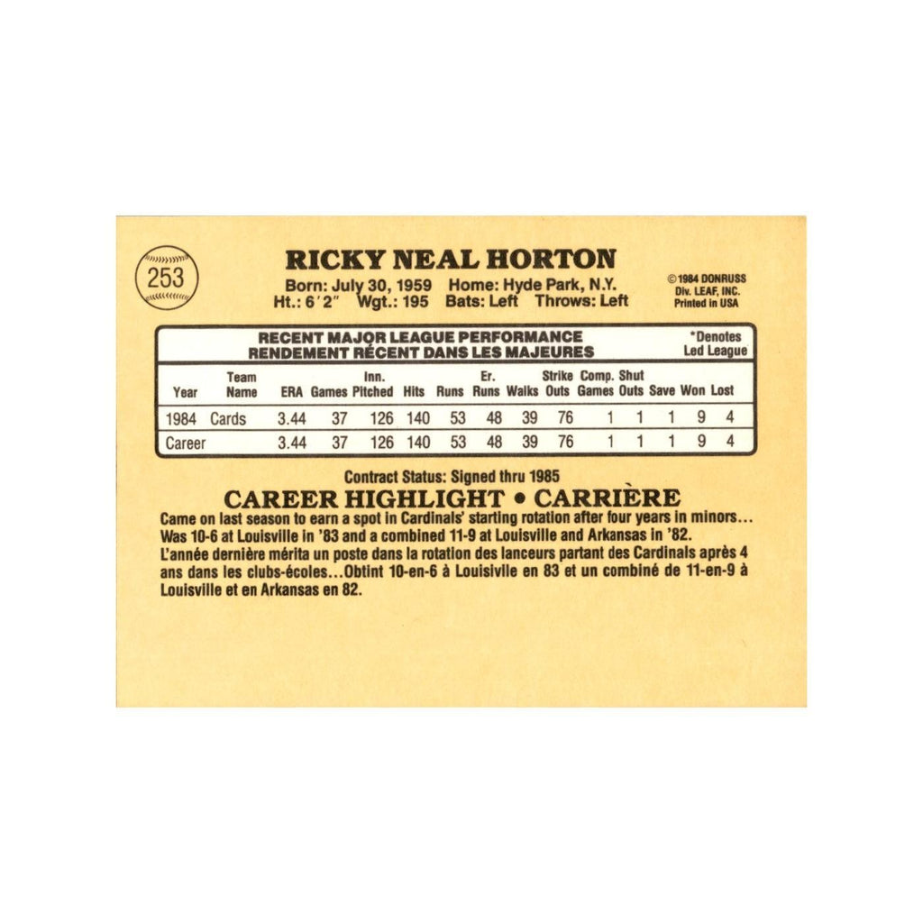 Ricky Horton Rookie 1985 Leaf #253 St. Louis Cardinals Baseball Card NM